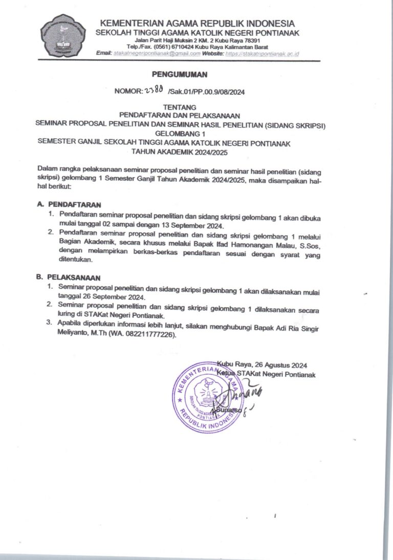 Pendaftaran dan Pelaksanaan Seminar Proposal Penelitian dan Seminar Hasil Penelitian (Sidang Skripsi) Gelombang 1 Tahun Akademik 2024/2025 Ganjil